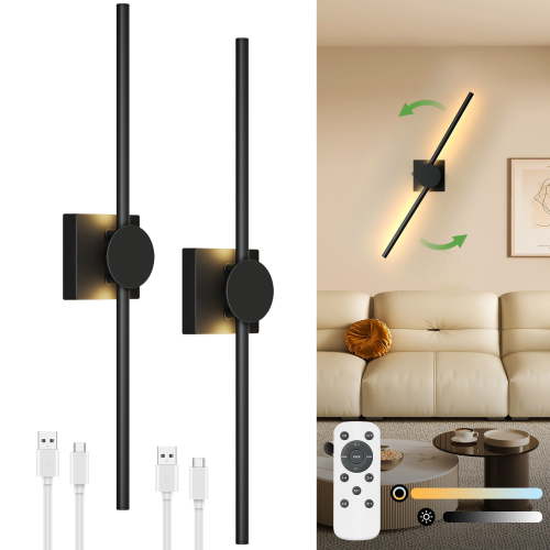 27.5 inch Battery Operated Wall Sconces, 360°Rotation Wireless Rechargeable Wall Lights with Remote, 3CCT Selectable Dimmable Black Wall Sconce for Hallway, Living Room, Bedroom