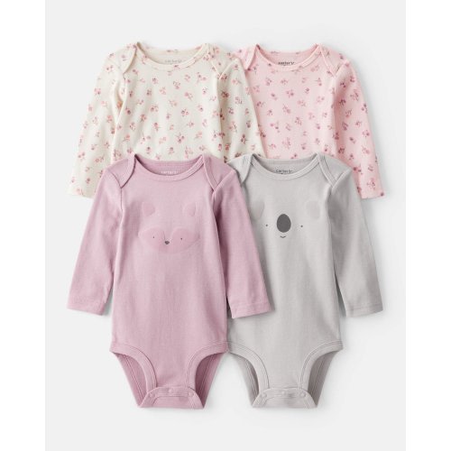 Baby Girl 4-Pack Koala Print Cotton Long-Sleeve Multipack Bodysuits - Purple/White/Pink - Carter's | Carter's