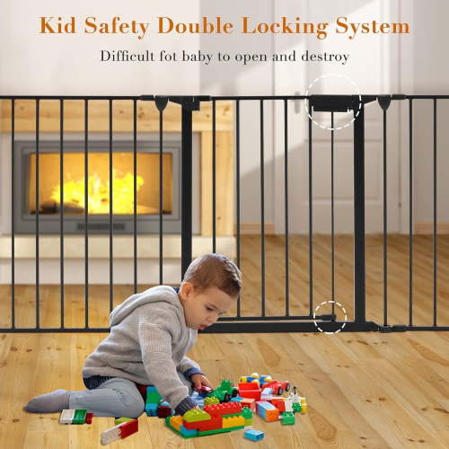 ChVans 74" Wide Fireplace Safety Fence, Metal Baby Gate with Door, Safety Fence for Toddlers/Pets/Dogs, 3-Panel