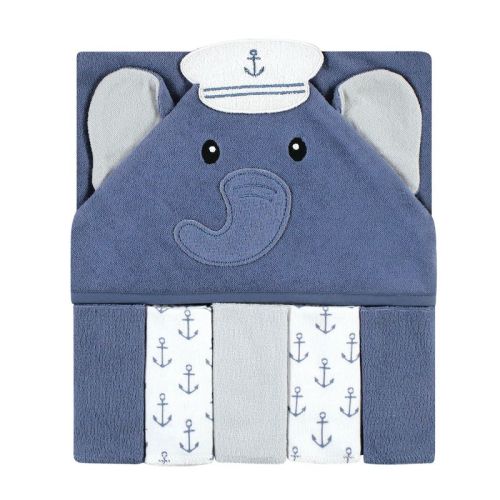 Hudson Baby Infant Boy Hooded Towel and Five Washcloths, Sailor Elephant, One Size