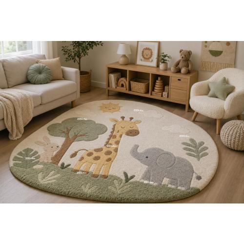 Soft Plush Nursery Rug – Jungle Safari Hand-Tufted Design | Designer Kids Area Rug – Handmade Animal Theme Carpet