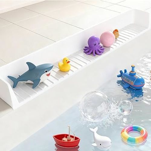 Longer Bath Tub Splash Guard for Kids,Silicone Bath Toy Holder for Bathtub,Prevent Water Spills in Bathroom,Fun-Filled Bath Time for Toddlers Including Bath Brush and Toy Storage Bag (White)