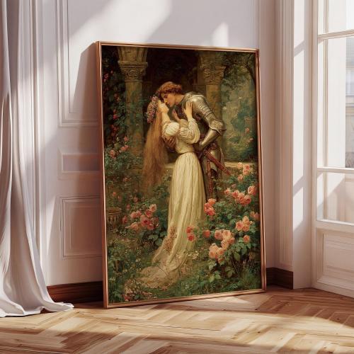 Medieval Knight and Maiden Embrace Print - Romantic Renaissance Wall Art - Pre-Raphaelite Couple Painting - Floral Garden Illustration