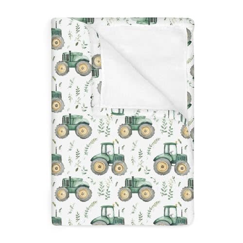 Watercolor Green Tractors Baby Blankets for Boy Girl Farm Tractors Boho Leaves Soft Flannel Nursery Bed Blankets for Infant Toddler Crib Stroller Swaddle Receiving Blanket Playmat 30x40inch