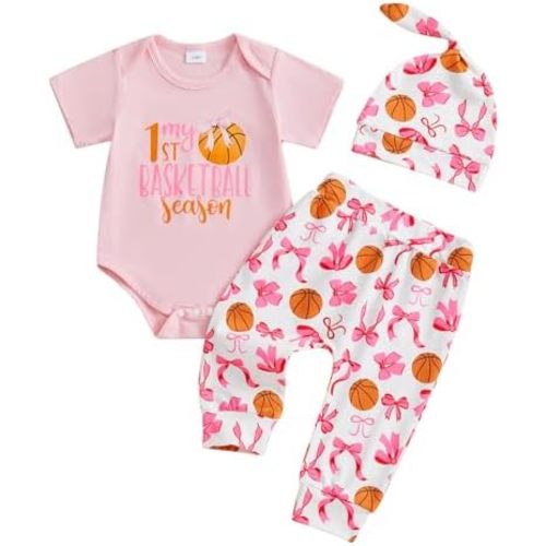 My First Basketball Season Baby Boy Girl Outfit Letter Short Sleeve Romper Pants Hat Set Newborn Summer Clothes