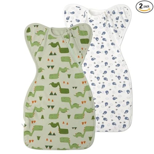 Premium Soft Cotton Swaddle Blanket Sleep Sack Arms Up 2 Packs 6-12 Months, Hands Up 3-Way Transitions to Arms-Free Wearable Sleeping Sack Bag for Babies Boys Girls Snug Fit Calms Startle Reflex