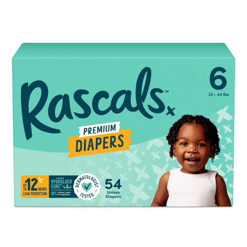 Rascal + Friends Premium Size 6 Diapers, 54 Count with 12 Hour Leak Protection and Dermatest Certified