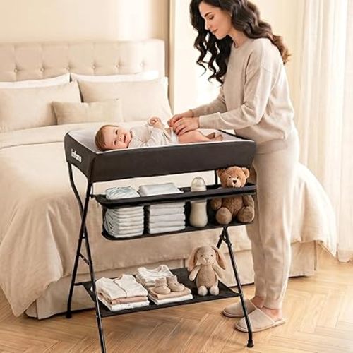INFANS Baby Portable Changing Table, Infant Diaper Station with Storage Basket & Shelf, Foldable Nursery Organizer (Black)