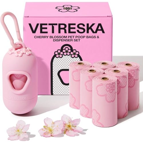 VETRESKA Dog Poop Bag Dispenser with Cherry Blossom Scented Poop Bags, Leak Proof and Extra Thick Pet Waste Bags, 1 Poop Bag Holder and 105 Bags for Dog Walking and Cats Litter, Pink