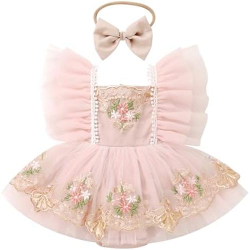 ODASDO Baby Girls First Birthday Party Dress Newborn Tulle Tutu Romper Floral Embroidery Bodysuit Cake Smash Outfit