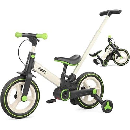JMMD 6 in 1 Toddler Bike with Push Handle for Kids 18-60 Months, 12" Foldable Balance Bike with Training Wheels, Pedals, Brakes, Kickstand, Push Tricycle Toddler Gift & Toys for Boy & Girl