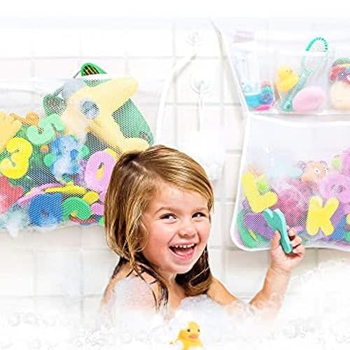 Tub Cubby Baby Bath Toy Storage | Hanging Bath Toy Holder | Suction & Adhesive Hooks | 14x20" Mesh Net Shower Caddy | Bathtub Toys | 36 Soft Foam Letters & Numbers (Pack of 2)