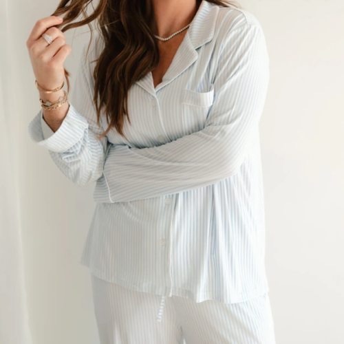Women's Button Up Set In Blue Pin Stripes