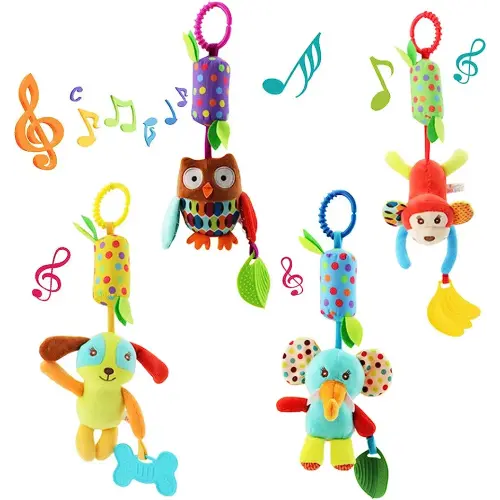 4 PCS Baby Soft Hanging Rattle Crinkle Squeaky Toy - Baby Toys for 0 3 6 9 to 1 Animal Ring Plush Stroller Infant Car Bed Crib Travel Activity Hanging Wind Chime with Teether for Boys Present