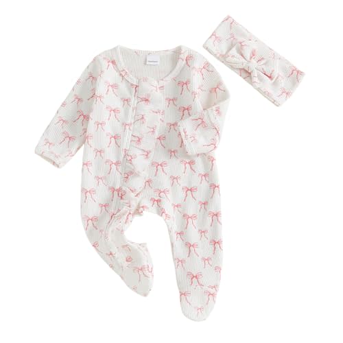 Socutebabe Newborn Baby Girl Coming Home Outfit Ruffle Romper Onesie Cute Ribbed Knit Jumpsuit Winter Clothes and Headband