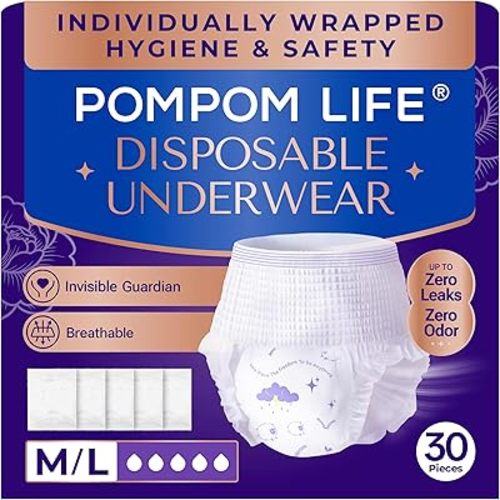 Incontinence Underwear for Women, Individually Wrapped Adult Diapers, High Absorbency Disposable, Breathable & Soft for Postpartum Women, Bladder Control, Day/Night Use Fits Waist 25"-33" (30 Count)