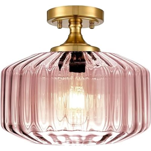 Pink Close to Ceiling Light Hallway Light Fixtures Vintage Antique Brass Ceiling Lamp with 11.02" Stripes Glass Shade Schoolhouse Flush Mount Ceiling Light for Closet Entryway Shower Light
