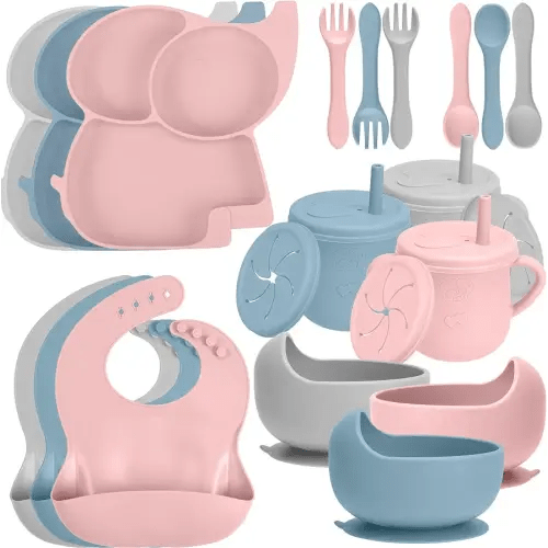 24 Pack Silicone Baby Feeding Set - 6+ Months Food Grade Baby Feeding Essentials | Silicone Bibs, Baby Bowls and Plates, 3 in 1 Baby Sippy Cup, Spoons and Fork Set | Free of BPA/PVC/Lead/Phthalate