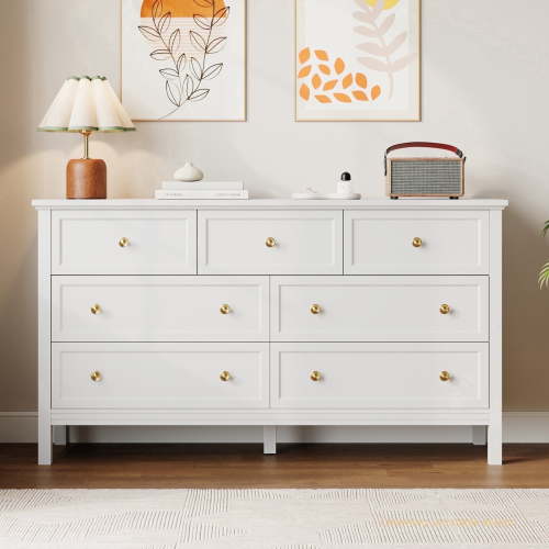YouTrend, 7 Drawer Dresser, Retro Wood, White, Metal Handles