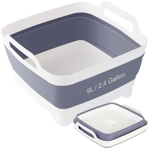 Collapsible Dish Basin & Sink Tub with Drain Plug – 2.4 Gal Baby Bottle Wash Basin (Grey)
