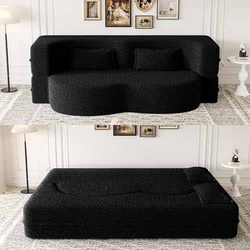 CDBBIB 2-in-1 Folding Convertible Sofa Bed,78 Inch Convertible Boneless Couch with Pilow Foldable Matress, Teddy Loveseat Sleeper Pull Out Bed Floor Sofa Modular Futon Couch (Teddy, Black)