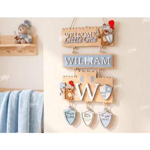 Personalized Bear Knight Newborn Sign, Baby Name Sign, Birth Stats Nursery Decor, Medieval Baby Wall Hanging Gift