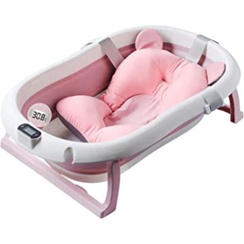 Foldable Baby Bath Tub,Newborn Baby Tub with Soft Bath Mat and Real Time Water Temperature Display(Pink Bath Tub + Bath Mat)