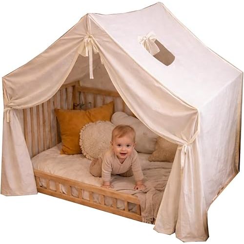 Montessori Bedside Crib+Fabric Tent + Mattress Included | Natural Beech Wood Motherside Baby Cradle with Open Side | Scandinavian Style Wooden Fits 47.2 x 23.6 in