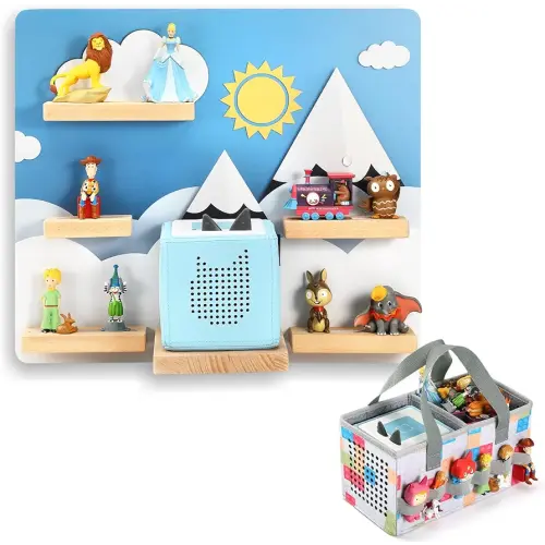 Magnetic Wooden Floating Shelf -with for Toniebox Starter Set(Compatible) Kids storage rack,for Toniebox,Headphones,Charging Station and Tonie Figures.(Sun)