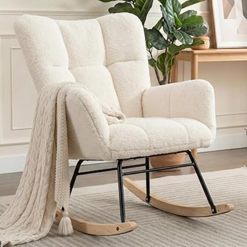 Rocking Chair Nursery, Teddy Upholstered Rocker Glider Chair with High Back, Rocker Recliner with Armrest, Gliding Chair with Thick Cushion, Accent Reading Chair for Bedroom (Ivory)
