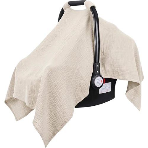 Metplus Muslin Car Seat Cover for Babies, 100% Cotton Breathable Infant Carseat Canopy for Summer, Lightweight Stroller Sunshade Covers for Newborns(Khaki)