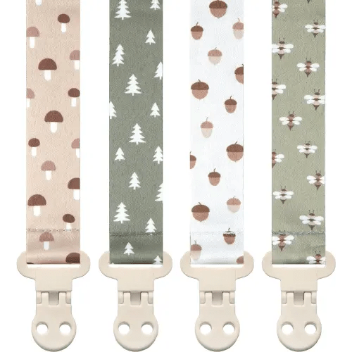Baby Pacifier Clip Holder - Girl or Boy Unisex 4 Pack Gift Set – Woodland Mushrooms Bees Neutral Green Beige (Forest)