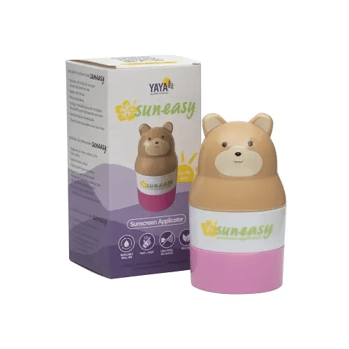 YAYA ORGANICS Sun-Easy Sunscreen Applicator, Refillable Roll-On with Sponge for Kids and Babies, Fun, Fast and Mess-Free application, Holds 100 ml, Bear/Pink Cap