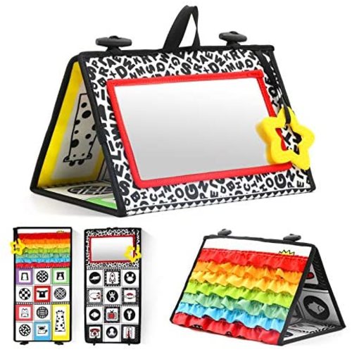 KUANGO Tummy Time Mirror Toys for Babies, High Contrast Activity Montessori Newborn Toys, Black and White Baby Toys 0 3 6 12 Sensory Infant Toys 0-3 Months