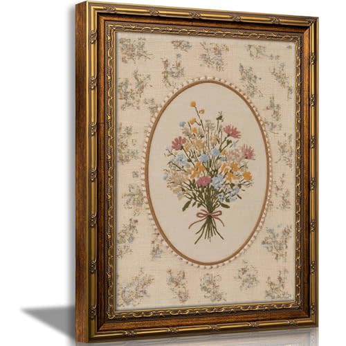 Gold Framed Vintage Wall Art Cottagecore Embroidered Wildflower Bouquet Canvas Print Farmhouse Floral Linen Wall Decor Artwork Poster for Bedroom Nursery Guest Room Home Decoration 12x16Inch