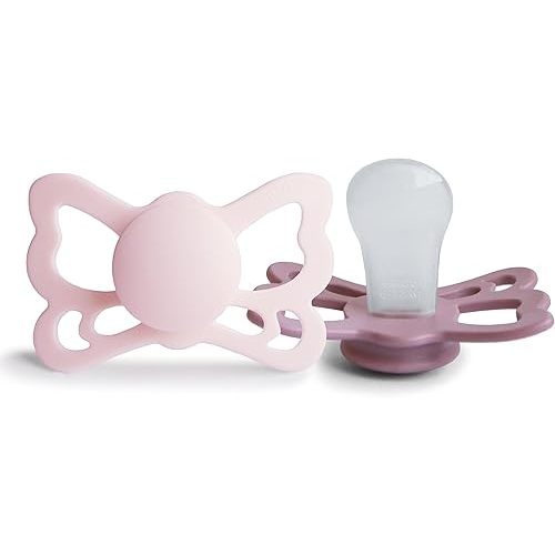 FRIGG Butterfly Anatomical SilkySoft Silicone Baby Pacifier | Made in Denmark | BPA-Free (White Lilac/Twilight Mauve, 6-18 Months)