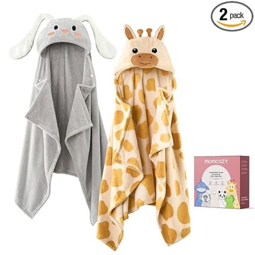 Momcozy Baby Bath Towels with Visualize Health Label - Ultra Soft & Absorbent Coral Fleece Hooded Towels for Newborn, Infant, Toddler (0-36 Months) Bath Essentials (Large Size,2 Pack)