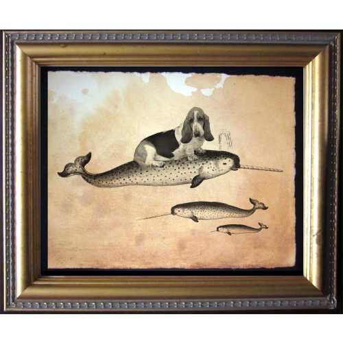 Basset Hound Dog Riding Narwhal Vintage Collage Art Print on Tea Stained Paper dog art dog s xmas for momdog christmas gift