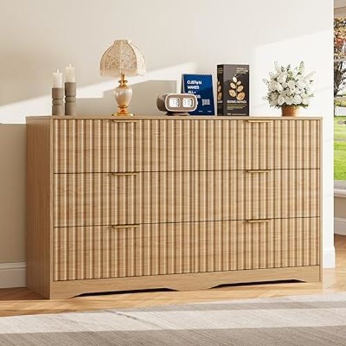 Fluted 6 Drawers Dresser for Bedroom, 55" Wide Wood Dressers Chest of Drawers with Metal Handle, Mid Century Modern Dresser TV Stand Storage Organizer for Living Room, Entryway, Natural Oak