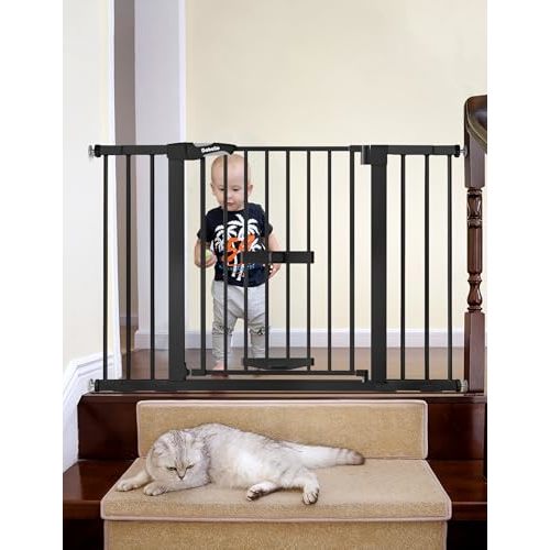 BABELIO 29-48" Extra Wide Baby Gate with Cat Door, Auto Close Metal Pet Door for Stairs, Doorways, House, Pressure/Hardware Mounted, Easy Walk Thru, Black