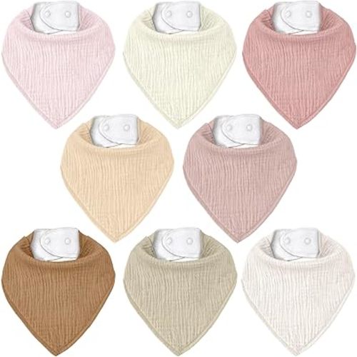 Muslin Baby Bibs 8 Pack, Baby Bandana Drool Bib for Drooling and Teething, Cotton Soft Absorbent for Girls Boys (Pink)