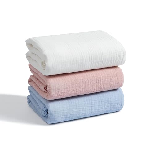 Meracorallo Muslin Swaddle Blanket, 100% Cotton Receiving Blanket Soft and Breathable Swaddle Wrap for Baby Boys and Girls, 3 Pack, Sky Blue+Pink+White