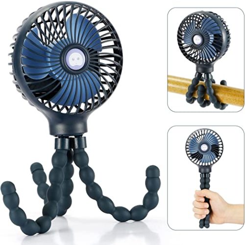snawowo Mini Handheld Portable Pram Fan, Baby Stroller Fan, Car Seat Fan, USB or 4000mAh Battery Powered, with Flexible Tripod Clip on Student Bed Desk Bike Crib Treadmill Camping Traveling