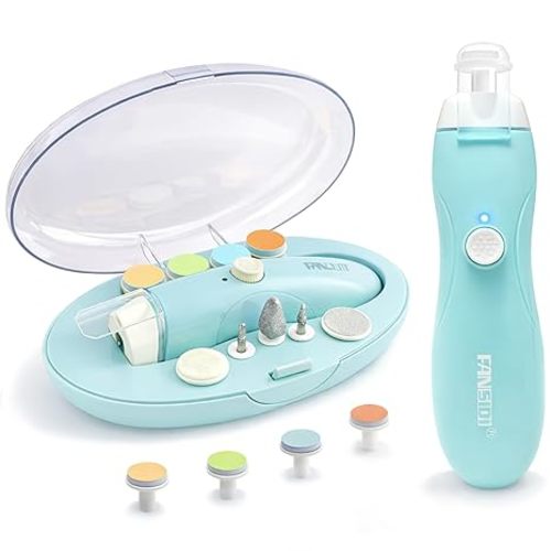 Fansidi Upgraded Baby Nail Trimmer Electric | Easy & Safe Baby Nail File, Precise 4-Stage Gentle Nail Buffer + Nail Clippers for Newborn to Toddler, with 18 Grinding Heads & Soft LED Light, Blue