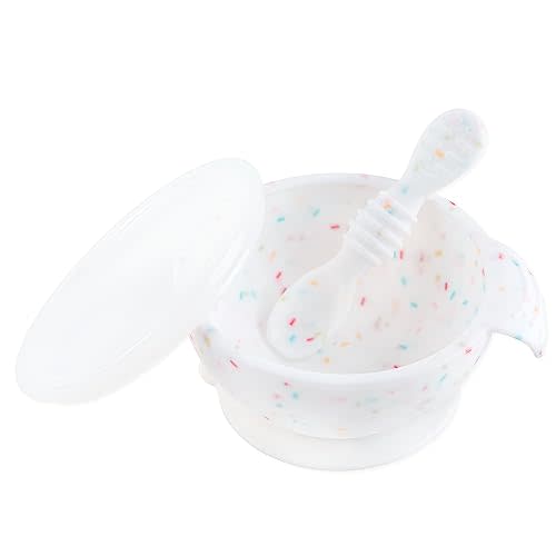 Bumkins Baby Bowls, Silicone Baby Feeding Set, Suction Bowls for Baby and Toddler with Spoon and Lid, First Feeding Set, Platinum Silicone Bowl for Babies 4 Months