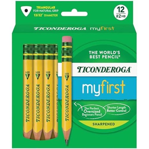 Ticonderoga My First Short Triangular Wood-Cased Pencils, #2 HB Soft, With Erasers, Yellow, 12 Count