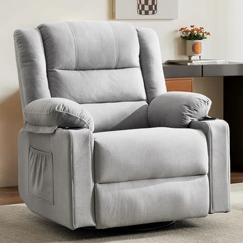 Sftaiyou 360°Swivel Rocker Recliner Chair for Adults,Manual Glider Recliner Sofa with Massage and Heating, Nursery Rocking Chairs with Cup Holds for Living Room Bedroom (Light Grey)