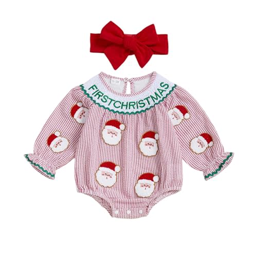 Yuemengxuan Baby Girl Christmas Outfit Santa Claus Embroidery Long Sleeve Plaid Bubble Romper with Headband Fall Xmas Clothes