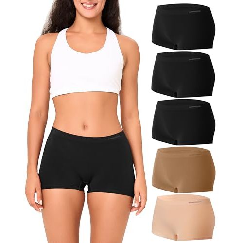 BAMBOO COOL Women's Boyshort Panties Seamless Mid Waist Underwear Stretchy Moisture Wicking Boxer Briefs for Ladies 5 Pack
