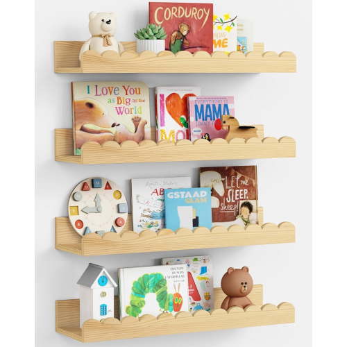 Scalloped Nursery Bookshelf Wall Mounted 4-Pack, Natural Wood Floating Book Shelves for Wall, Cloud Wall Mount Bookshelves for Kids Bedroom, Baby Children Toddler Room (Natural Pine Wood)